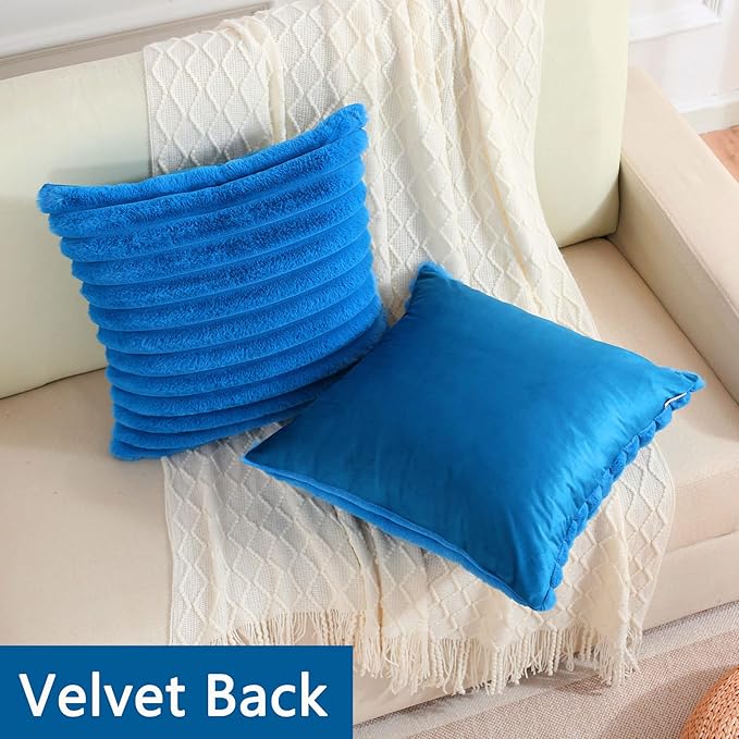 FUTEI Royal Blue Striped Decorative Throw Pillow Covers 14x14 Inch Set of 2,Square Winter Decorations Couch Pillow Case,Soft Cozy Faux Rabbit Fur & Velvet Back,Modern Home Decor for Bed