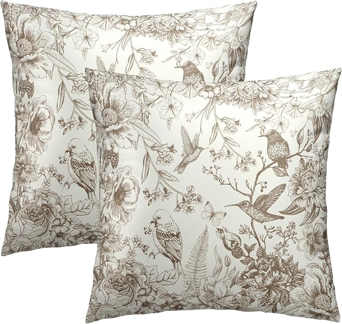 Brown White Flowers Pillow Covers 20x20 Inch, Set of 2 Vintage Floral Chinoiserie Style Decorative Throw Pillowcases Square Cushion Cover for Couch Sofa Bed Farmhouse Home Decor