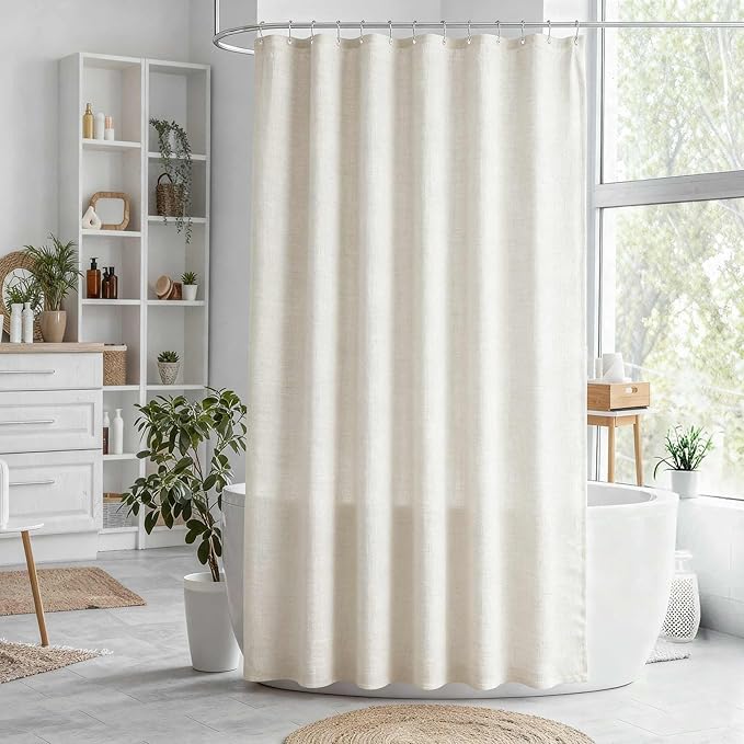 WELTRXE Linen Shower Curtain, Fabric Shower Curtain Set, Rustic Bathroom Decor, Heavy Duty Fabric Water Repellent with 12 Rust-Proof Metal Hooks, for Bathroom Hotel Bathtub, Beige, 72x72 Inch
