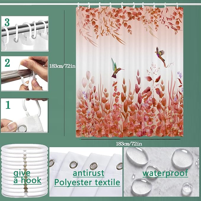 Shower Curtain, Kingfisher Autumn red Shower Curtain -72 "W x 72" L with 12 Hooks, Weighted Hem Shower Curtain, Waterproof Bathroom Shower Curtain, red Leaf Kingfisher Shower Curtain