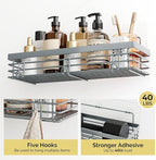 Orimade Adhesive Shower Caddy Soap Dish Holder Shelf with 5 Hooks Bathroom Organizer Basket Kitchen Storage Rack Wall Mounted No Drilling Stainless Steel - 3 Pack, Light Blue Grey