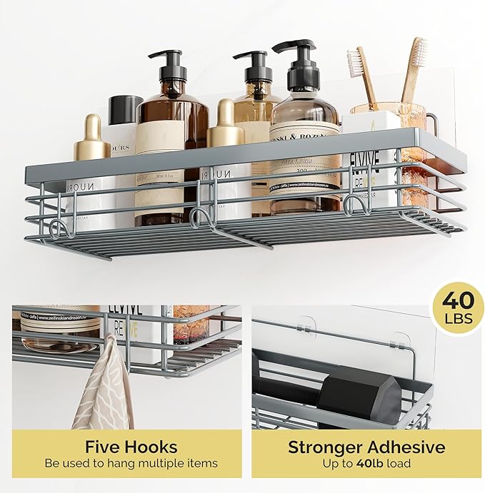 Orimade Adhesive Shower Caddy Soap Dish Holder Shelf with 5 Hooks Bathroom Organizer Basket Kitchen Storage Rack Wall Mounted No Drilling Stainless Steel - 3 Pack, Light Blue Grey