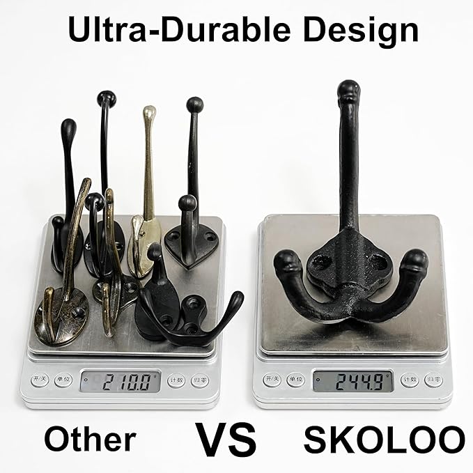 SKOLOO Heavy Duty Black Wall Hooks, Farmhouse Style Cast Iron Hooks, Pack of 5, Ideal for Backpack, Coat, and Towel Hooks - Perfect for Entryway, Mud Room, Closet and Bathroom Storage