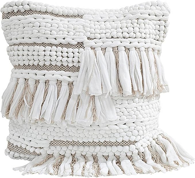 GRUHUM Throw Pillow Covers 18x18-Set of 2 Boho Decorative Handwoven Fancy Tufted Cushion Case for Living Room Bedroom Sofa Couch Farmhouse Car Home Decor Cotton Comfy Square Modern 18x18 inch, White