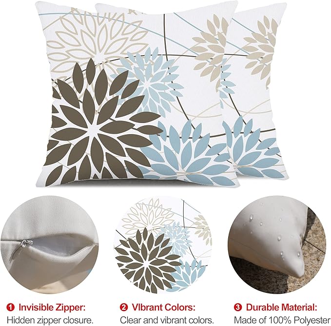 Brown Blue Flower Pillow Covers 16x16 Inch Set of 2 Summer Outdoor Waterproof Decor for Home Patio Funiture Garden Living Room Modern Art Floral Polyester Square Cushion Cover 01F16