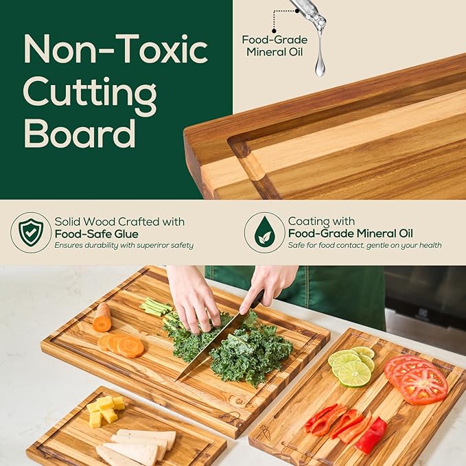Non-Toxic Set 3 Acacia Cutting Board, Pre-Oiled Premium Wood Cutting Board with Juice Groove and Handles, Suitable for Chopping Meat, Vegetables, Included Gift Box, with Non Slip Feet
