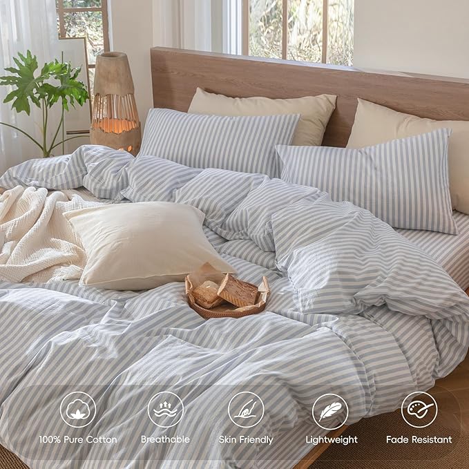 MooMee Striped Duvet Cover Set 100% Washed Cotton Linen Like Textured Breathable Durable Soft Comfy (Cornflower Blue White Classic Stripes, Queen 90"x90")