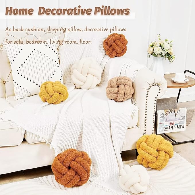 Uvvyui Knot Pillow Ball, Soft Khaki Home Decor Knotted Pillows, Handmade Round Plush Throw Pillow, Aesthetic & Cute Large Decorative Pillows for Bed, Floor, Couch, Bedroom Home Decor 8 inches