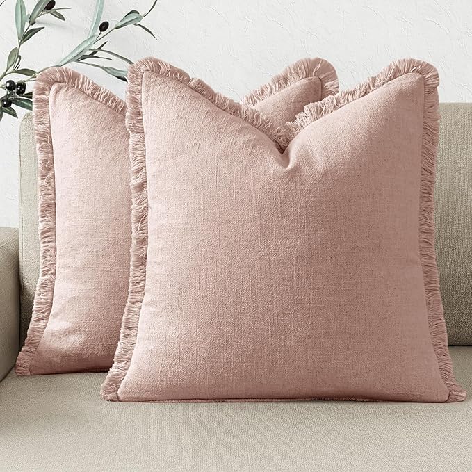 Woaboy Decorative Linen Fringe Throw Pillow Covers Boho Farmhouse Soft Cushion Covers Accent Pillowcases with Tassels for Living Room Couch Sofa Bed Chair,20x20 Inch Set of 2,Light Pink