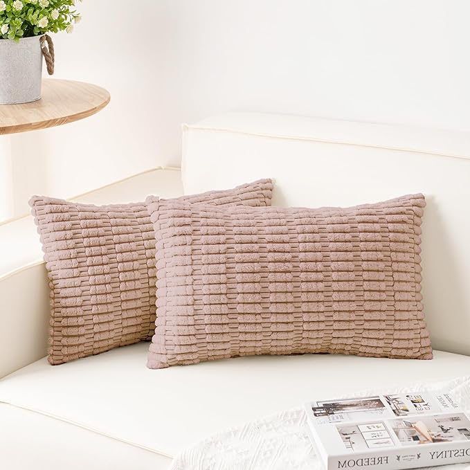 Pack of 2 Corduroy Decorative Throw Pillow Covers 12x20 Inch Soft Striped Pillow Covers Modern Farmhouse Home Decor for Sofa Living Room Couch Bed（Light Brown）