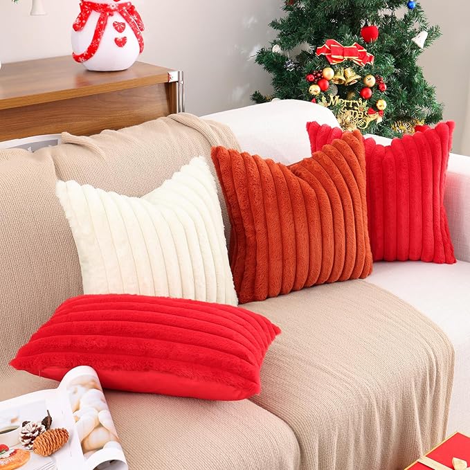 Pallene Faux Fur Plush Christmas Throw Pillow Covers 24x24 Set of 2, Luxury Soft Fluffy Striped Decorative Pillow Covers for Sofa, Couch, Living Room, Red