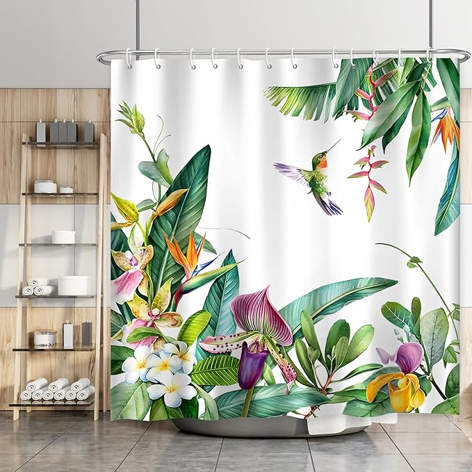 Summer Hummingbird Shower Curtain Tropical Leaves Floral Bird Green Shower Curtains for Bathroom Waterproof Polyester Fabric Bath Curtain 72 x 72 Inch with 12 Hooks