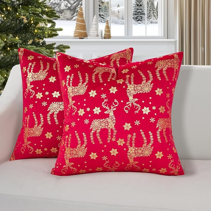Topfinel Christmas Pillow Covers 18x18 Set of 2,Xmas Velvet Snowflake Reindeer Decorative Pillow Case Winter Holiday Decor for Home Couch,Red and Gold