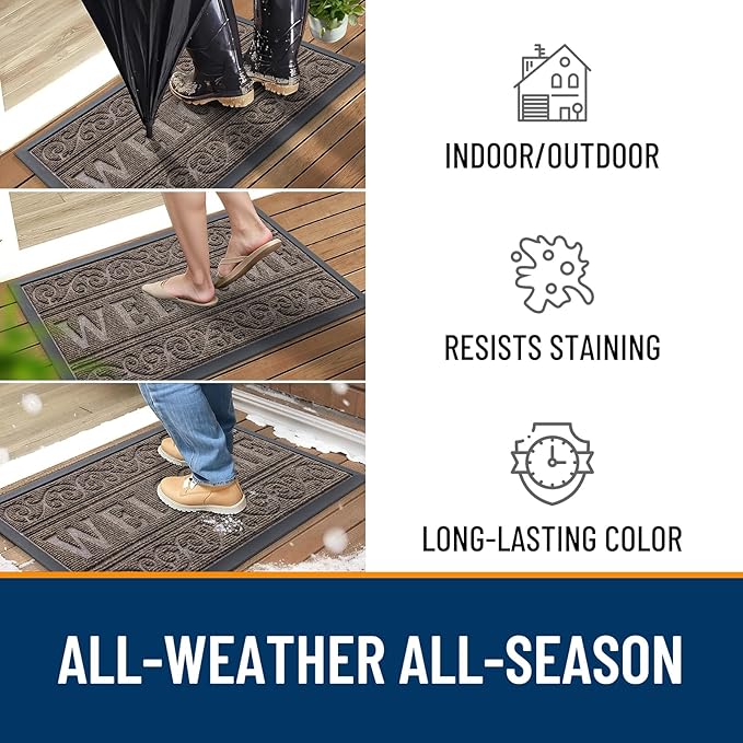 OLANLY Welcome Door Mat Indoor Outdoor Entrance, Heavy Duty Sturdy Front Door Mat, Waterproof All-Weather Doormat, Stain Resistant, Low Profile, Easy Clean Patio Entryway Mat, 29.5 x 17, Brown