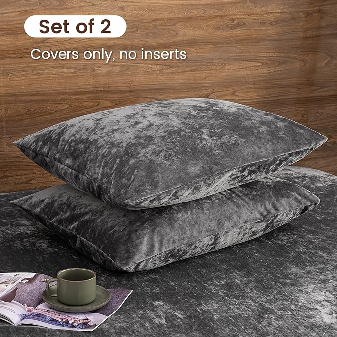 PHF Truly Velvet Pillowcases Standard Size, No Insert, 2 Pack Ultra Soft Breathable Pillow Shams Covers with Envelope Closure, 20" X 26" Luxury Cozy Warm Fuzzy Flannel Pillowcase, Charcoal/Dark Grey