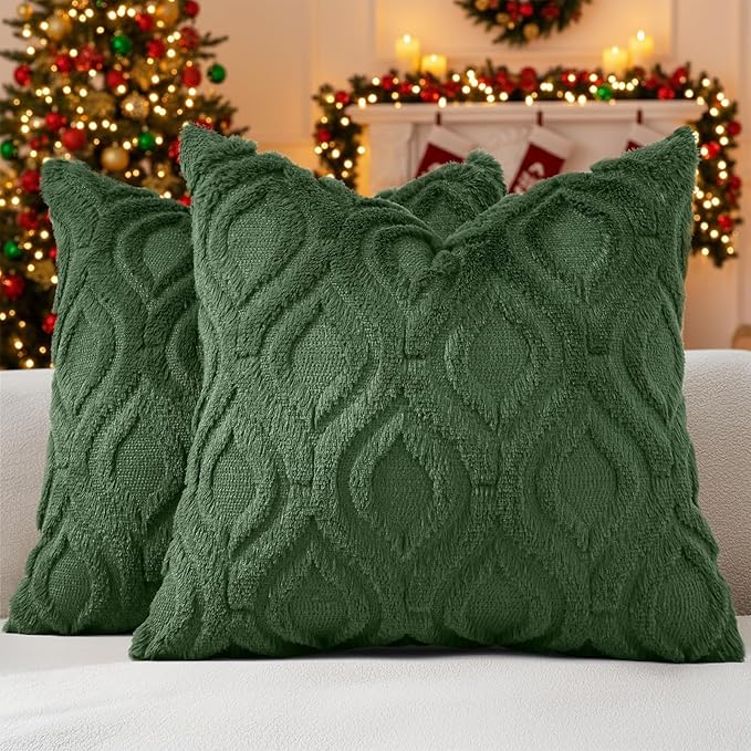 decorUhome Christmas Throw Pillow Covers 20x20 Inch Set of 2, Soft Plush Decorative Faux Fur Forest Elf Solid Couch Pillow Covers, Accent Farmhouse Neutral Square Euro Pillow Cases for Sofa