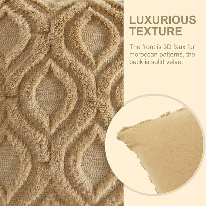 decorUhome Throw Pillow Covers 22x22 Inch Set of 2, Soft Plush Decorative Faux Fur Light Brown Solid Couch Pillow Covers, Accent Farmhouse Neutral Square Euro Pillow Cases for Sofa Bed Living Room