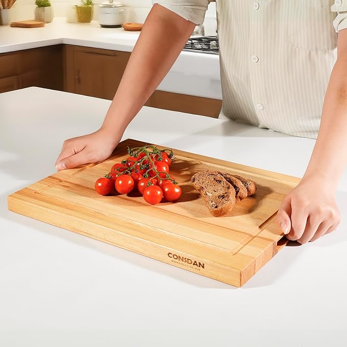 CONSDAN Wood Cutting Board for Kitchen, 16 x 12, USA Grown Solid Hickory Hardwood, Edge Grain, Chopping Board, Butcher Block with Juice Groove, Prefinished with Food-Safe Oil, 1" Thick
