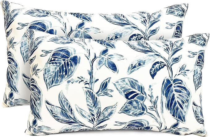 Decorative Throw Pillow Covers Set of 2 Blue Leaves Pillow Covers 12x20 inch Super Soft Short Plush Square Floral Throw Pillows,Farmhouse Outdoor Pillow Covers for Couch Bed Living Room
