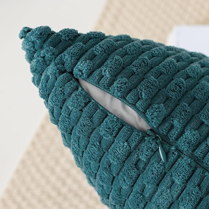 Kevin Textile Throw Pillow Covers Soft Corduroy Decorative Set of 2 Boho Striped Pillow Covers Pillowcases Farmhouse Home Decor for Couch Bed Sofa Living Room 20x20 Inch Teal Blue