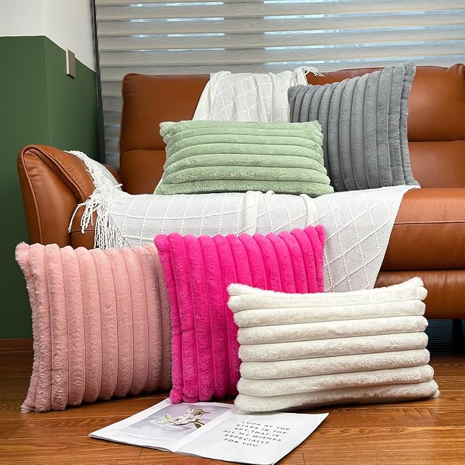 18x18 Throw Pillow Covers Set of 2, Decorative Faux Fur Covers for Bed, Couch Soft Fluffy Pillow Cover with Velvet Back for Living Room, Neutral Home Décor Accent for Sofa - Pink