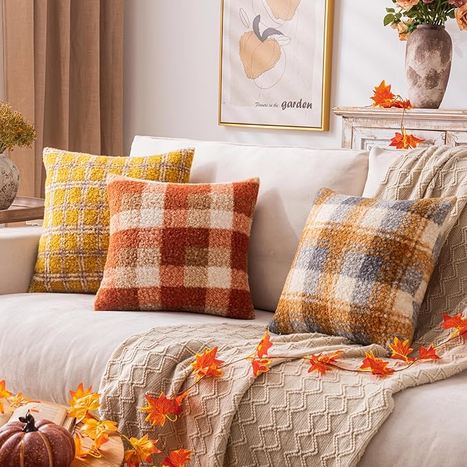 Yellow Plaid Fall Throw Pillow Covers 12x20 Inch Set of 2, Boucle Decorative Pillow Covers,Cozy Fluffy Home Living Room Farmhouse Decor for Sofa Couch Bed