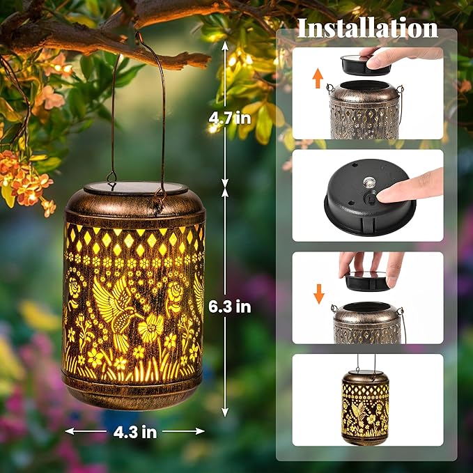 Hummingbird Gifts for Women Mom 2 Pack Solar Lanterns Outdoor Decor Metal Hanging Solar Lights Outside Decoration for Garden Yard Patio Porch