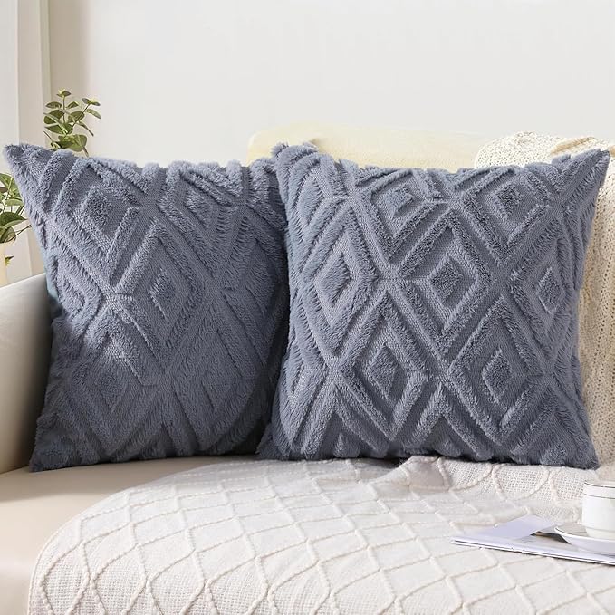 Pallene Blue Grey Throw Pillow Covers 16x16 Set of 2, Soft Plush Faux Fur Decorative Couch Pillow Covers for Sofa Bed Living Room Pillow Cases with 3D Diamond Pattern