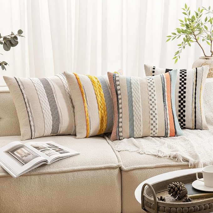 ANRODUO Pack of 2 Boho Decorative Throw Pillow Covers 18x18 Farmhouse Cushion Case Striped Chenille Pillow Cases Square Pillow Covers Accent Neutral Pillowcase for Sofa Couch Bed Fall, Yellow Stripe