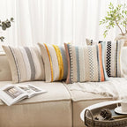 ANRODUO Pack of 2 Boho Decorative Throw Pillow Covers 18x18 Farmhouse Cushion Case Striped Chenille Pillow Cases Square Pillow Covers Accent Neutral Pillowcase for Sofa Couch Bed Fall, Yellow Stripe