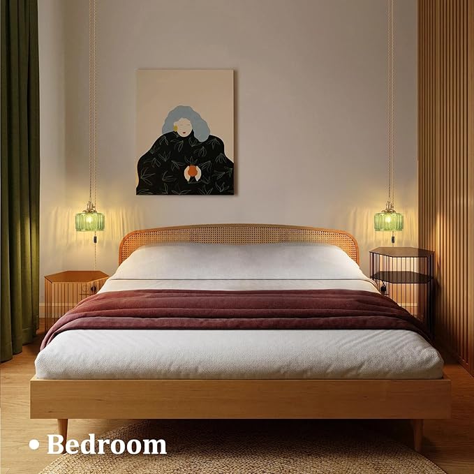 Plug in Pendant Light Hanging Light Fixture Corded On/Off Switch Brass Pendant Light with Green Striped Glass Lampshade for Bedroom Living Room Kitchen Island