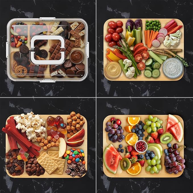 SpaceAid Charcuterie Board with Clear Lid, Portable Travel Cheese Cutting Boards for Picnic Accessories, Bamboo Serving Tray with Lids, House Warming Gifts, White Handles, 8 Compartments