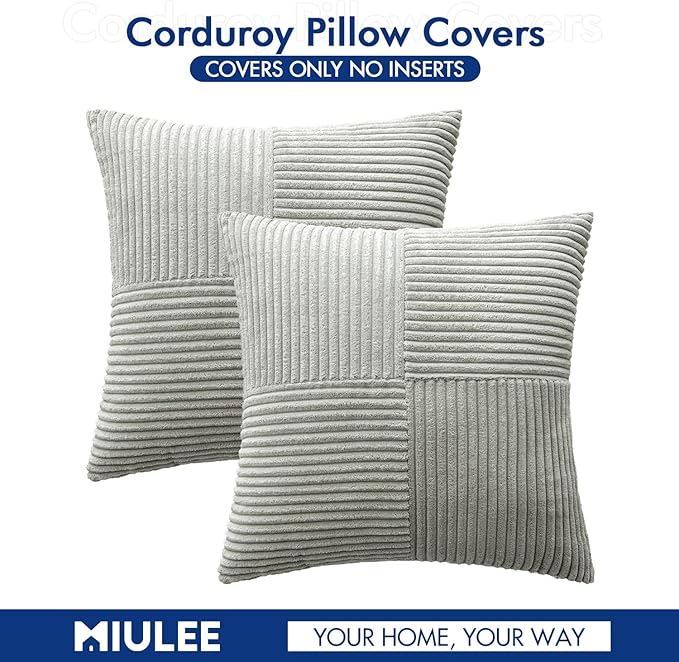 MIULEE Silver Grey Corduroy Pillow Covers Pack of 2 Boho Decorative Spliced Throw Pillow Covers Soft Solid Couch Pillowcases Cross Patchwork Textured Cushion Covers for Living Room Bed Sofa 18x18 inch