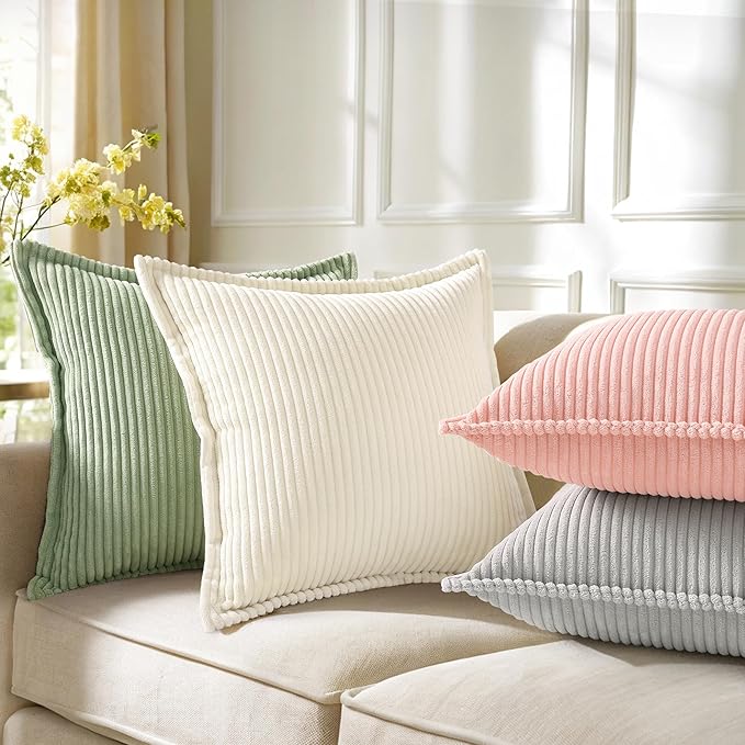 decorUhome Corduroy Pink Throw Pillow Covers 16x16 Set of 2 Decorative Soft Boho Farmhouse Euro Couch Pillow Covers for Living Room Bed Sofa Broadside Striped Pillow Cases