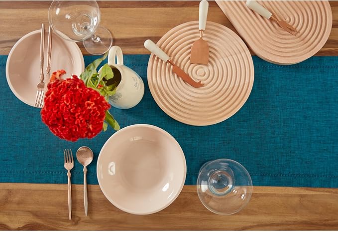Solino Home Linen Table Runner 36 Inches - 100% Pure Linen Chambray Teal Hemstitch Table Runner 14 x 36 Inch Ideal for Dresser and Coffee Tables - Milan - Thanksgiving, Christmas