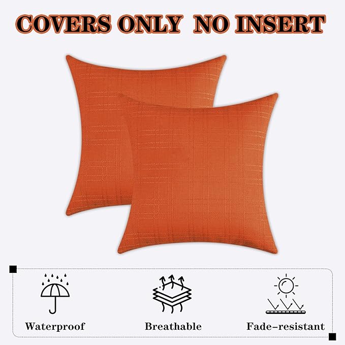 Kevin Textile Fall Outdoor Waterproof Throw Pillow Covers Decorative Farmhouse Water Resistant Checkered Cushion Covers for Tent Patio Garden Couch Sofa Pack of 2 (16x16 Inch Orange)