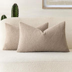 Foindtower Pack of 2, Curly Faux Fur Decorative Throw Pillow Covers Soft Neutral Plush Cushion Case with Zipper Cozy Fluffy Pillowcase for Home Living Room Couch Bedroom Bed Sofa 12 x 20 Inch, Beige