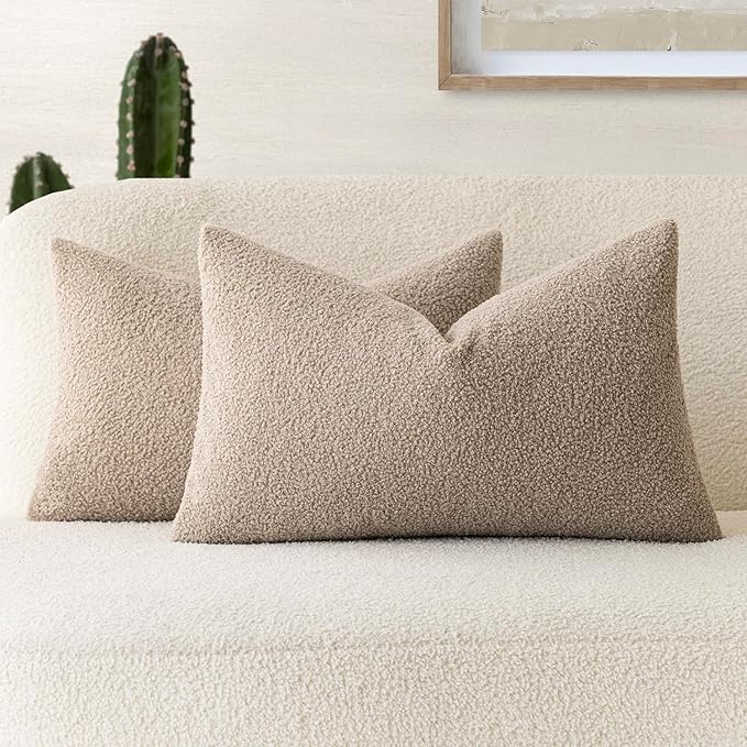 Foindtower Pack of 2, Curly Faux Fur Decorative Throw Pillow Covers Soft Neutral Plush Cushion Case with Zipper Cozy Fluffy Pillowcase for Home Living Room Couch Bedroom Bed Sofa 12 x 20 Inch, Beige