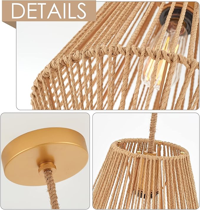 Woven Pendant Lights Hanging Lamp with 12" Hand Rattan Basket Shade Antique Brass Brush Paint Finish for Kitchen Island Farmhouse Dining Room Bar Bedroom Foyer Hallway