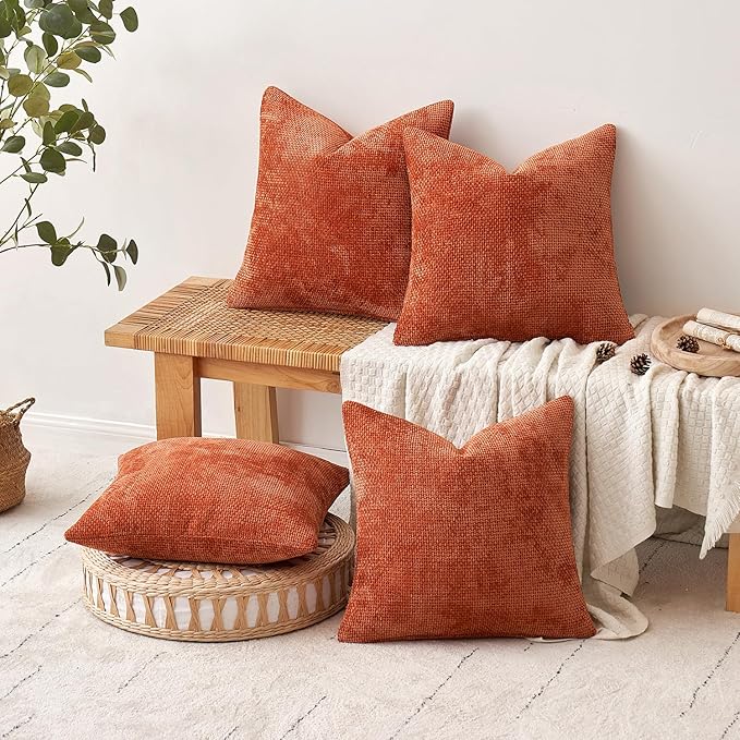 MIULEE Fall Pack of 4 Couch Throw Pillow Covers 20x20 Inch Burnt Orange Soft Decorative Chenille Pillow Covers Farmhouse Accent Cushion Covers for Boho Home Decor Sofa Bedroom Living Room
