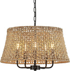 Hand-Woven Rattan Chandelier Vintage Farmhouse Boho Bamboo Chandeliers Light Fixture Retro Drum Wicker Rattan Black Chandelier for Dining Room, Kitchen, Living Room