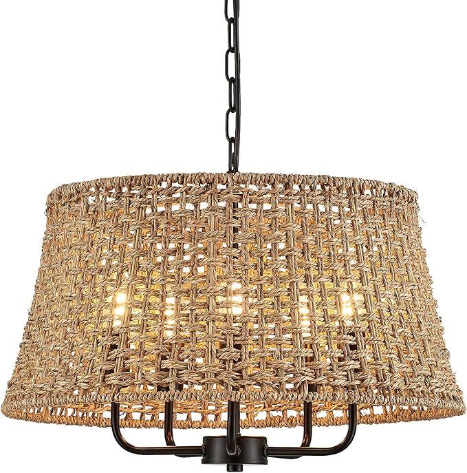 Hand-Woven Rattan Chandelier Vintage Farmhouse Boho Bamboo Chandeliers Light Fixture Retro Drum Wicker Rattan Black Chandelier for Dining Room, Kitchen, Living Room