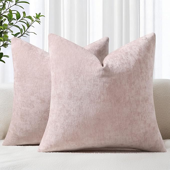 decorUhome Chenille Blush Pink Throw Pillow Covers 18x18 Inch Set of 2, Decorative Soft Couch Pillow Covers Solid Dyed Accent Velvet Farmhouse Neutral Square Pillow Cases for Sofa Bed Living Room