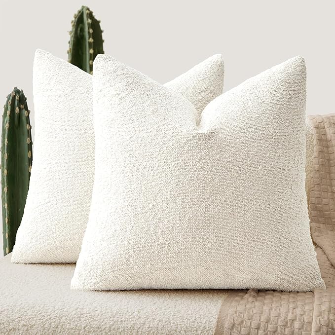 ANRODUO Pack of 2 Textured Boucle Throw Pillow Covers Soft White Decorative Accent Solid Pillow Cases Cozy Modern Couch Cushion Case for Chair Sofa Bedroom Living Room Home Decor, 20 x 20 Inch