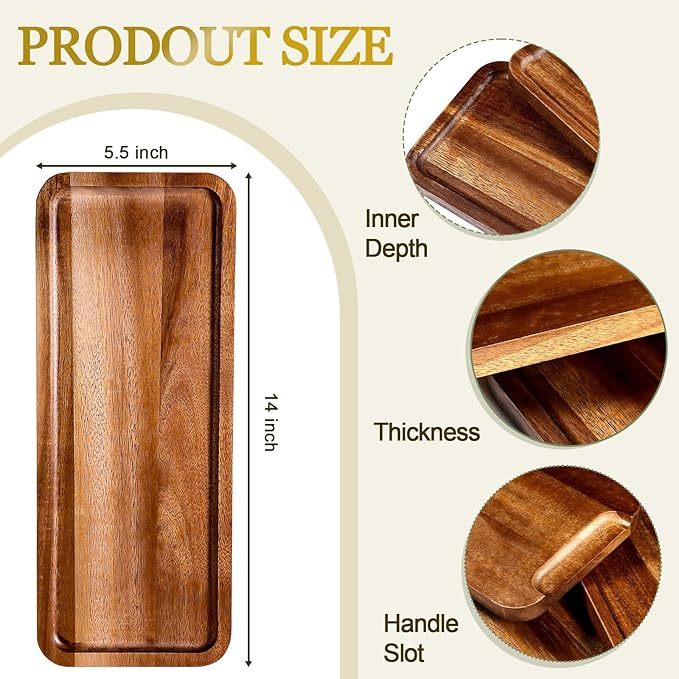 Small Charcuterie Boards Rectangular Long Wooden Platters Acacia Wood Serving Tray 4 Pcs Wooden Tray Kitchen Charcuterie Platter for Food Cookie Dessert Fruit Snack, 14" x 5.5" x 0.6"