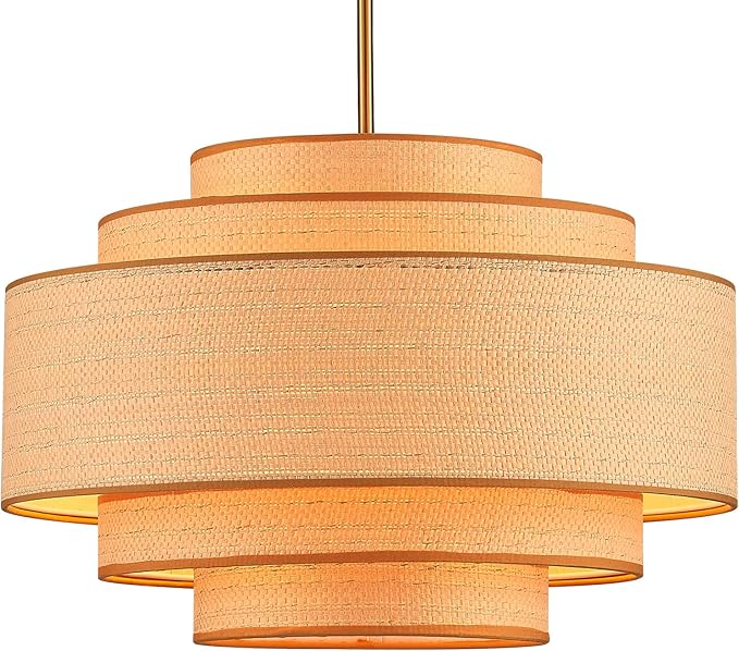 Farmhouse 19.7" Drum Rattan Chandelier 4-Lights Vintage Boho Rattan Chandelier Retro Vintage Bamboo Drum Chandeliers for Dining Room, Kitchen Island, Living Room, Bedroom