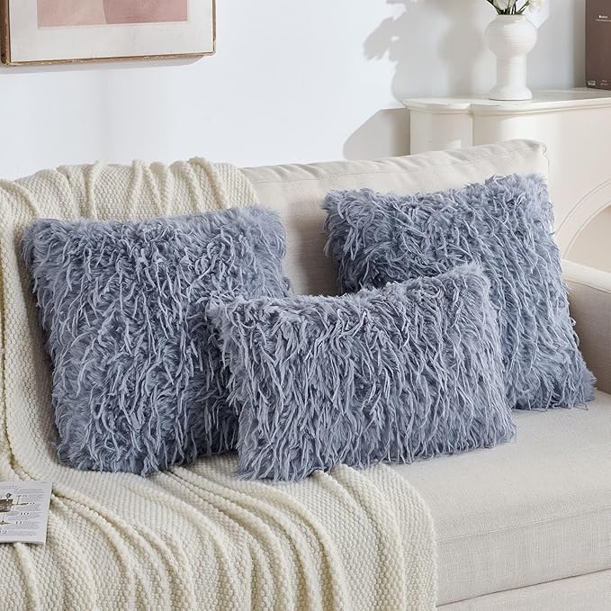 FUTEI Grey Blue Decorative Throw Pillow Covers 26x26 Inch Set of 2,Soft Fluffy Faux Feather Texture Euro Pillow Shams,Modern Home Luxury Decor for Couch Bed Living Room