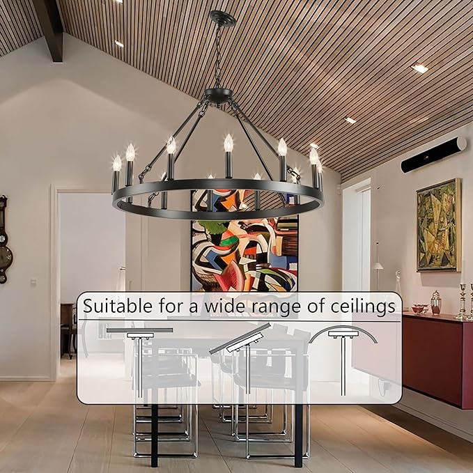 Black Wagon Wheel Chandelier 32 inch,12-Light Farmhouse Wagon Wheel Chandeliers Round Industrial Ceiling Light fixtures for Outdoor Porch high Ceilings Living Dining Room Foyer Entryway