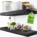 BAOBAB WORKSHOP Solid Wood Floating Shelves for Wall 20 Inch Wide, Wooden Bathroom Shelves for Room Wall, Heavy Duty Shelf Mounted Kitchen Bedroom Rustic Farmhouse, Black Shelf, 20W × 6.7D, Set of 2