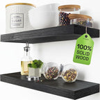 BAOBAB WORKSHOP Solid Wood Floating Shelves for Wall 20 Inch Wide, Wooden Bathroom Shelves for Room Wall, Heavy Duty Shelf Mounted Kitchen Bedroom Rustic Farmhouse, Black Shelf, 20W × 6.7D, Set of 2